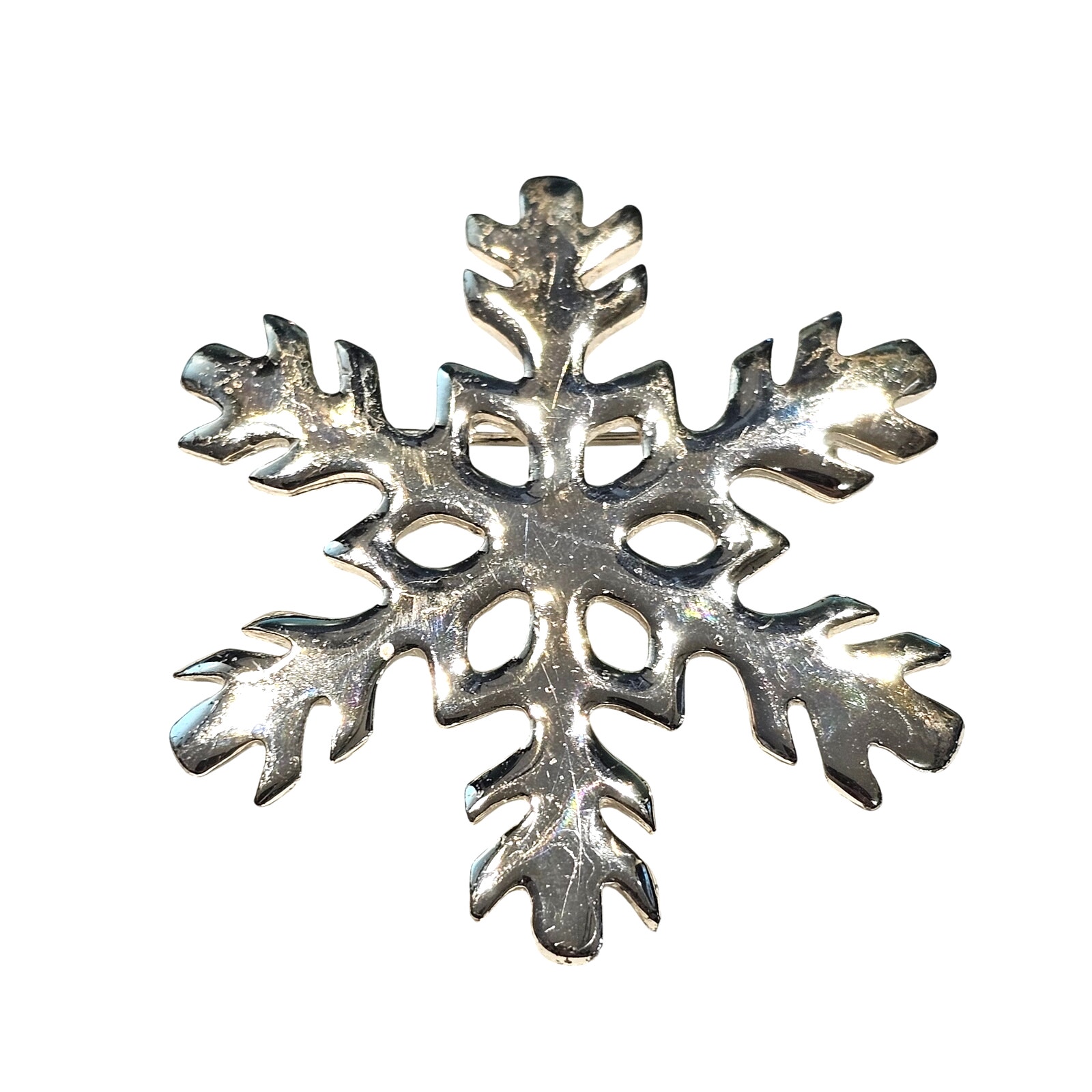 Silver Tone Snowflake Brooch Winter Holiday Pin Costume Jewelry 1.98" Vintage